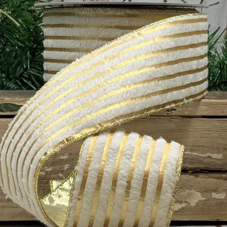 Fur metallic gold stripe Ribbon, Ivory