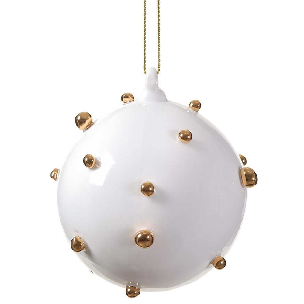 4" Ceramic Ball Orn.  Wh/Gld.