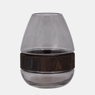 Glass Belly Vase W/ Wood Band 10"