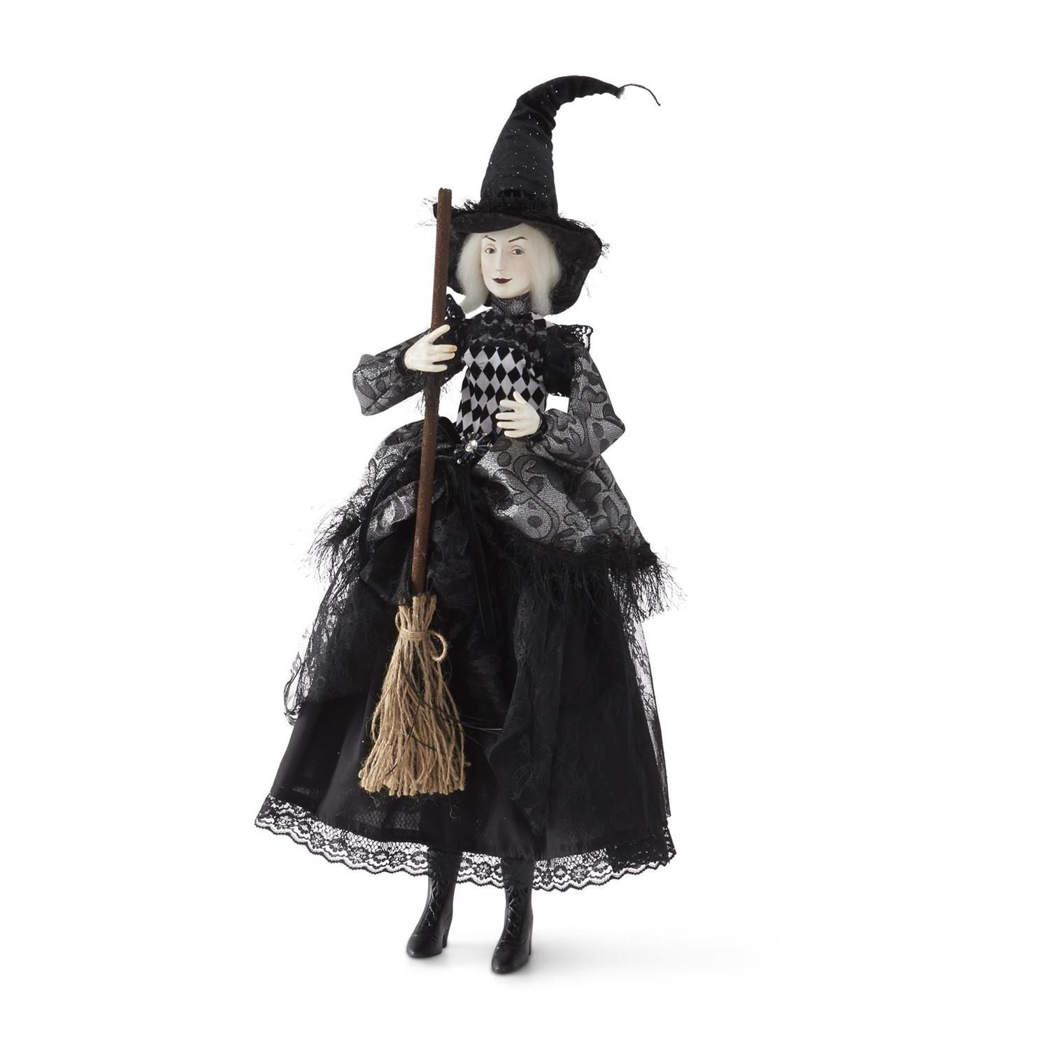 Sitting Posable Witch w/Black &amp; Silver Dress