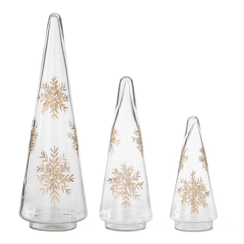 Sm Glass Cone Trees w/Gold Etched Snowflakes