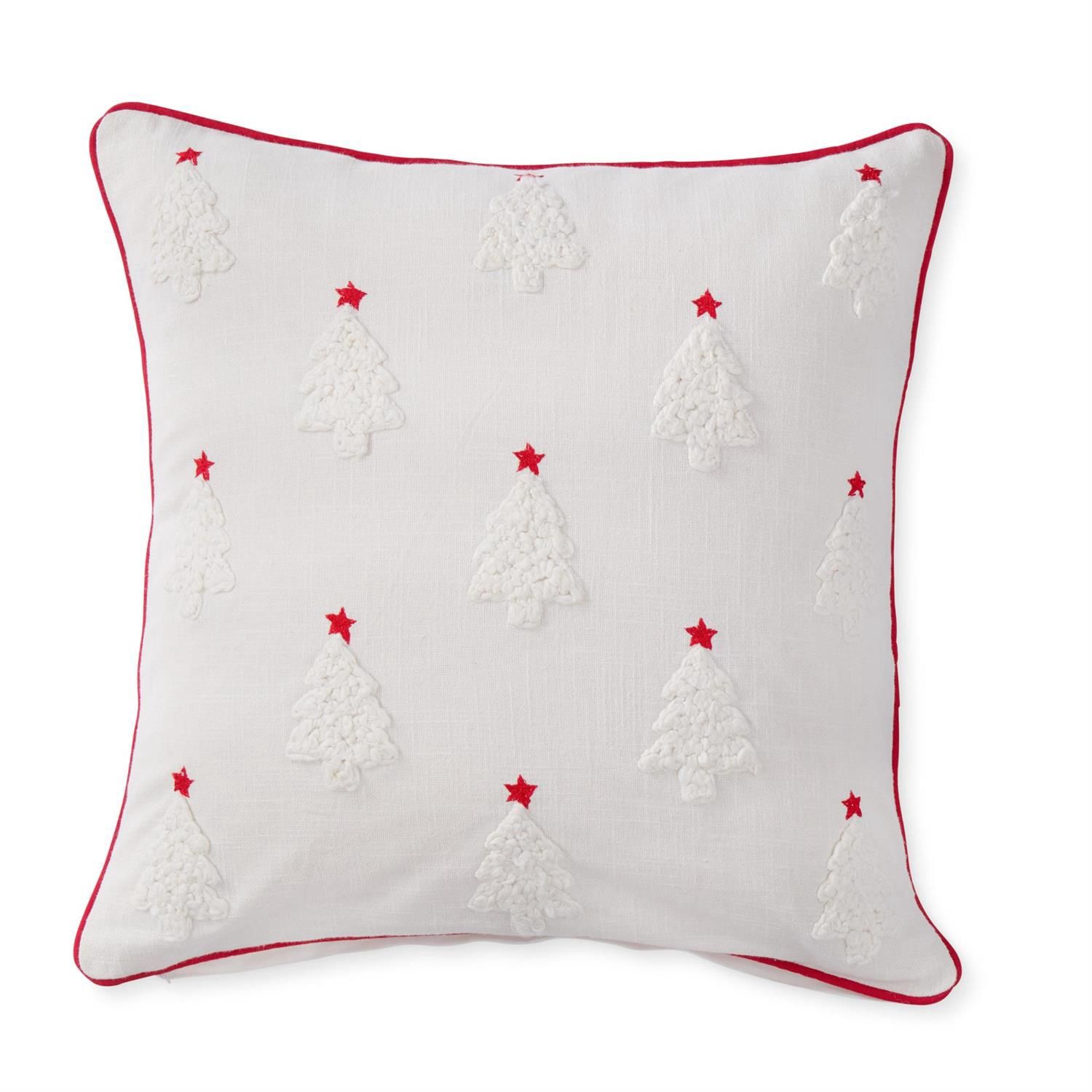 White Pillow w/Trees &amp; Red Embroidered Stars