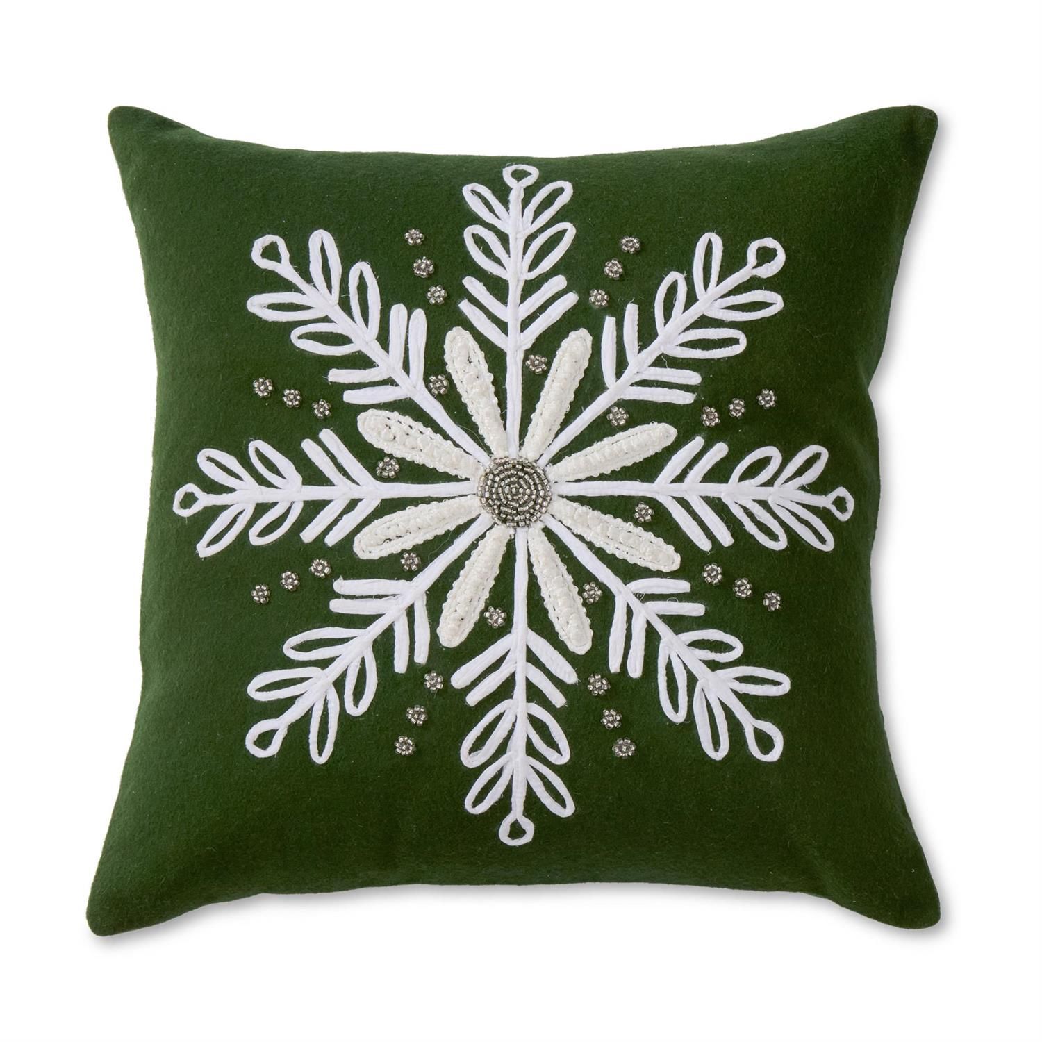 Green Wool Pillow w/White Beaded Snowflake