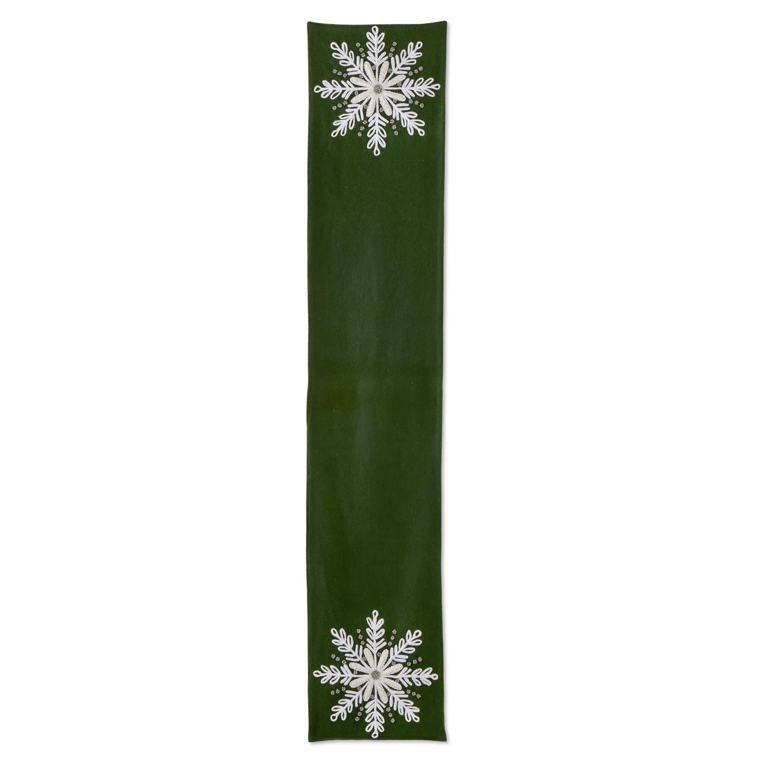72" Green Wool Table Runner w/White Snowflake