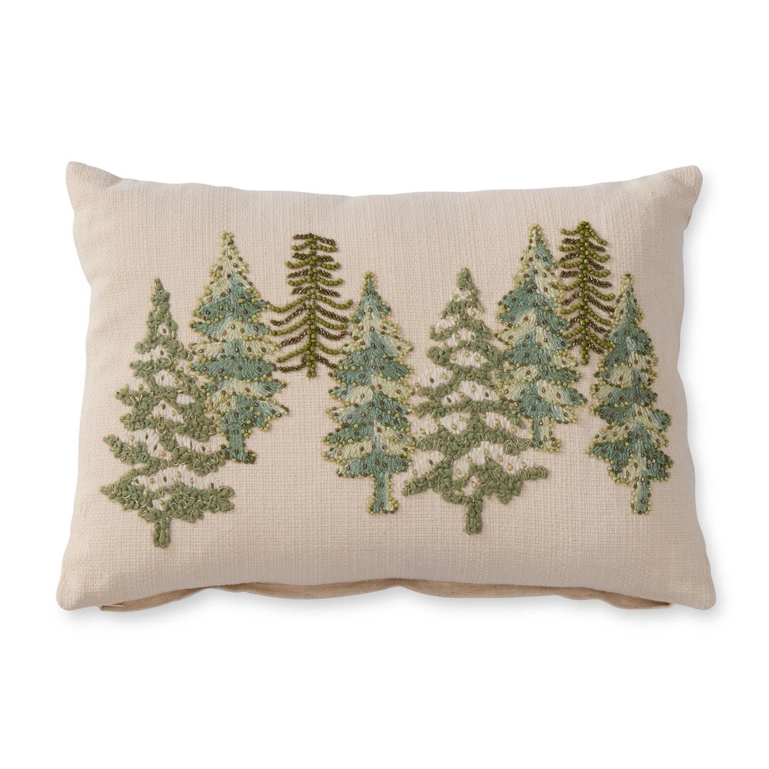 Cream Linen Lumbar Beaded Christmas Tree Pillow