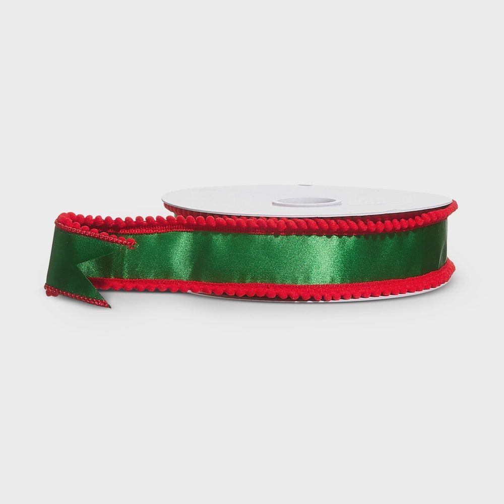 Green Satin with Red Pom Pom Edge Wired Ribbon