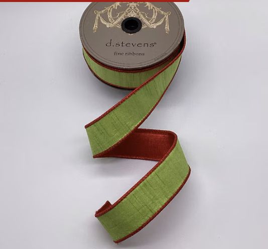 dupion metallic red back, lime green ribbon