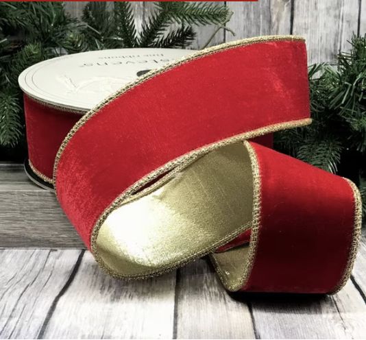 velvet glitter gold trim, red ribbon
