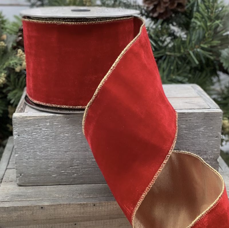 vintage french velvet, metallic back, red ribbon