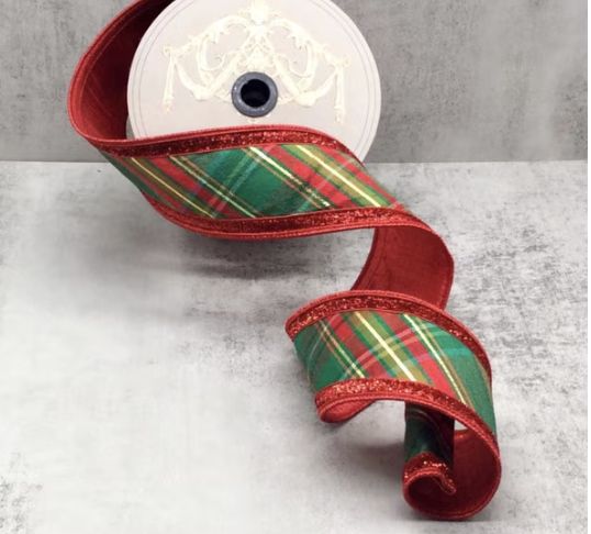 Dupion diagonal plaid, red green gold ribbon