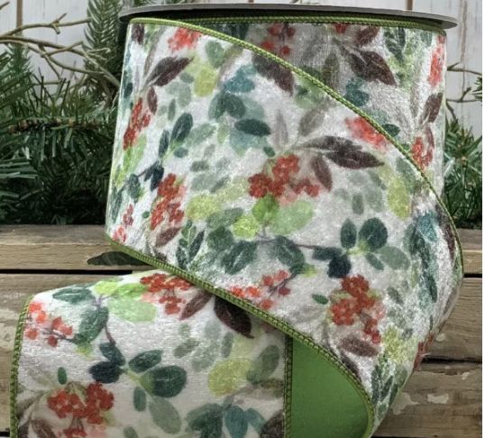 velvet berry print, winter white ribbon