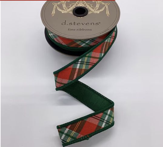 dupion bias cut plaid, red green ribbon