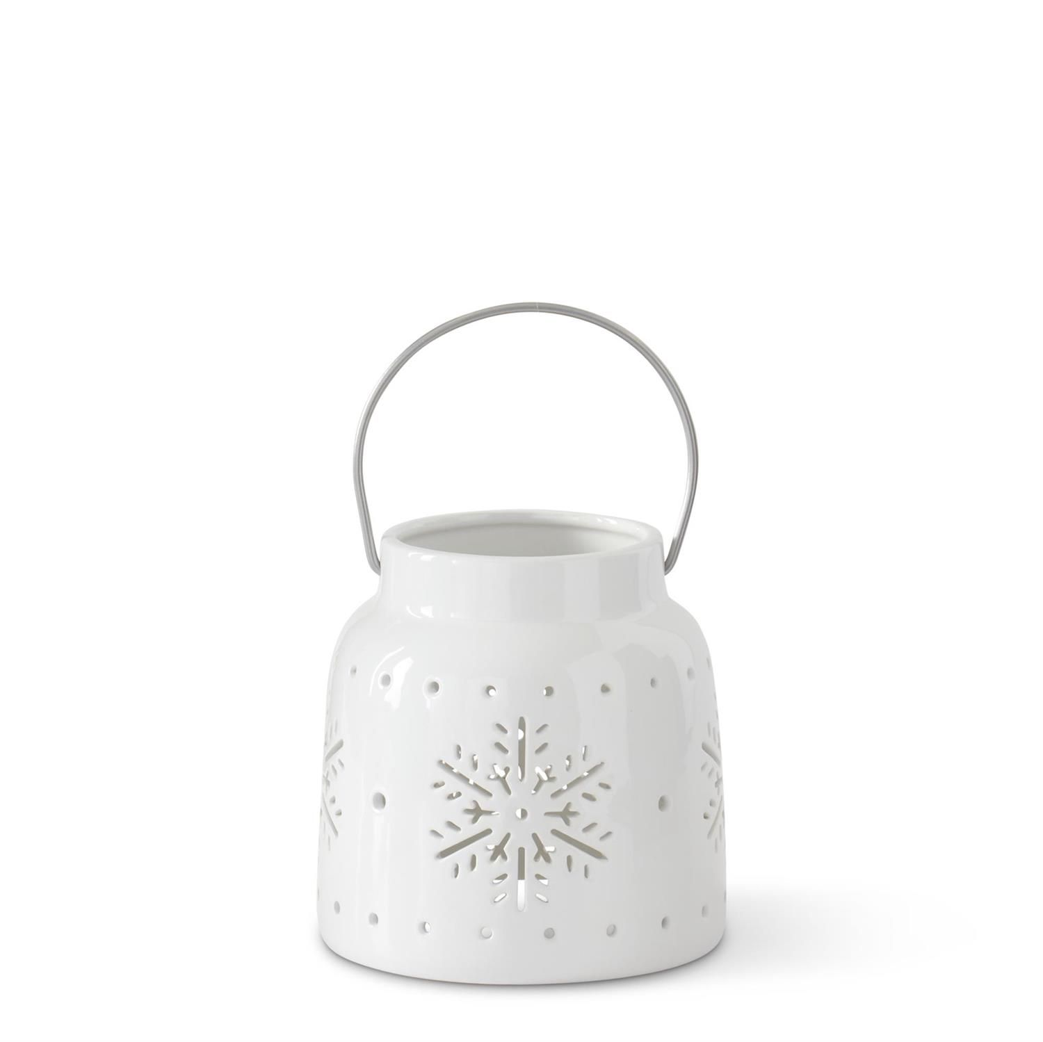 6" Snowflake Cutout White Ceramic Lantern