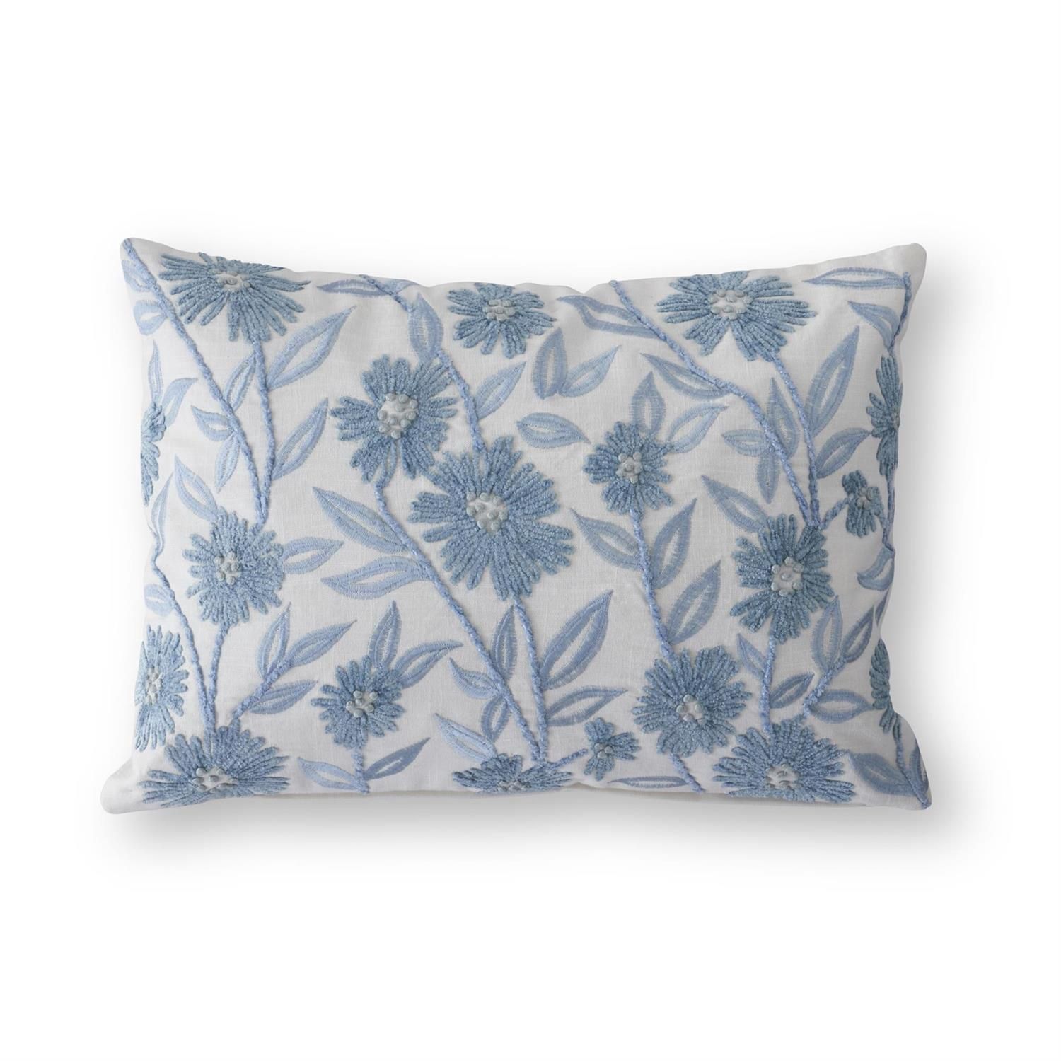 14" White &amp; Blue Embroidered Floral Pillow