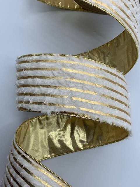 Faux Fur Gold Stripe Ivory Ribbon
