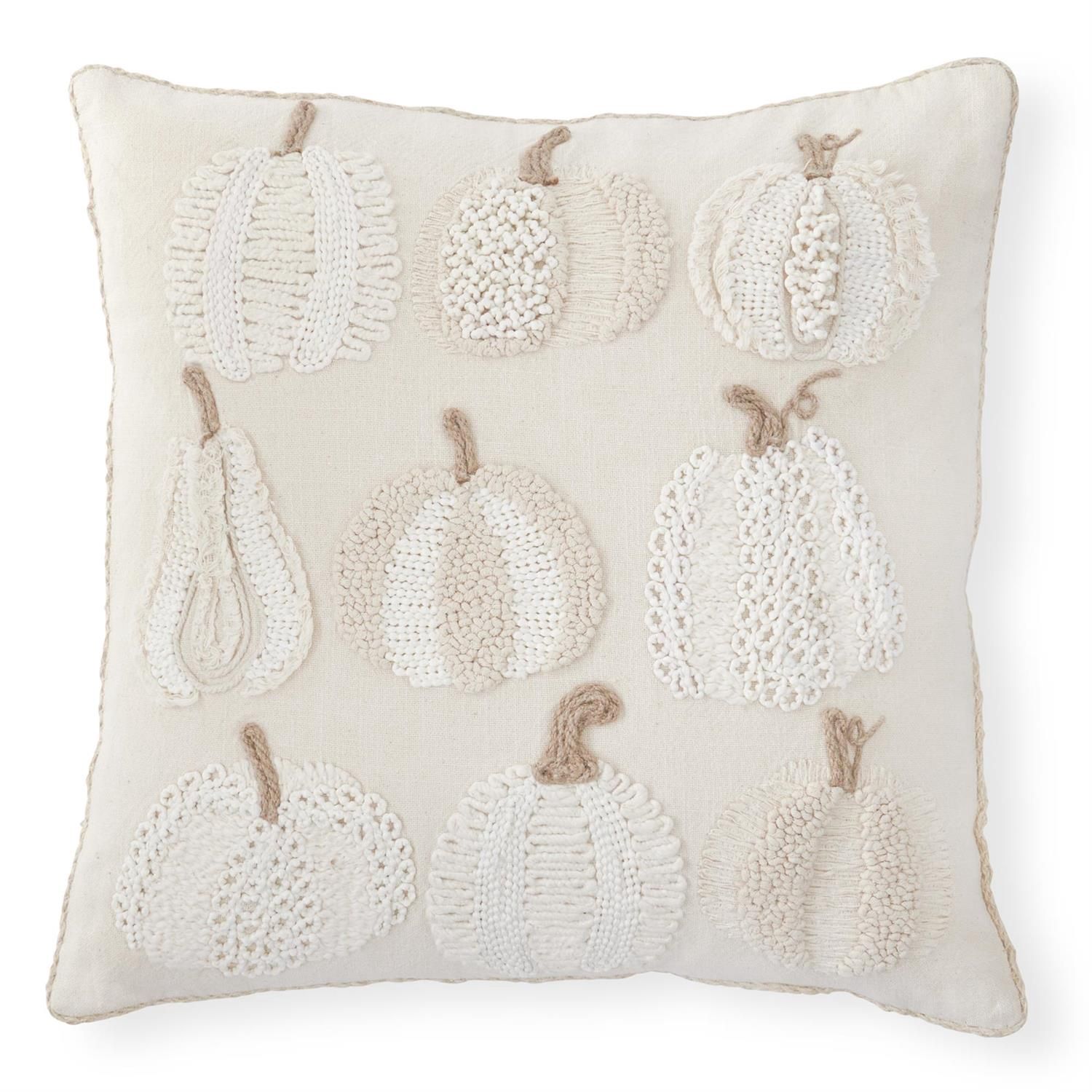 20" Cream Pumpkins/Gourds Embroidered Pillow