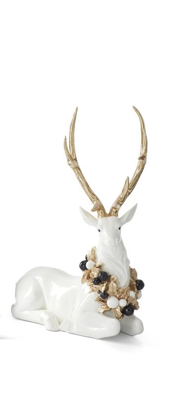 13" Sitting Deer w/Black/Gold Wreaths