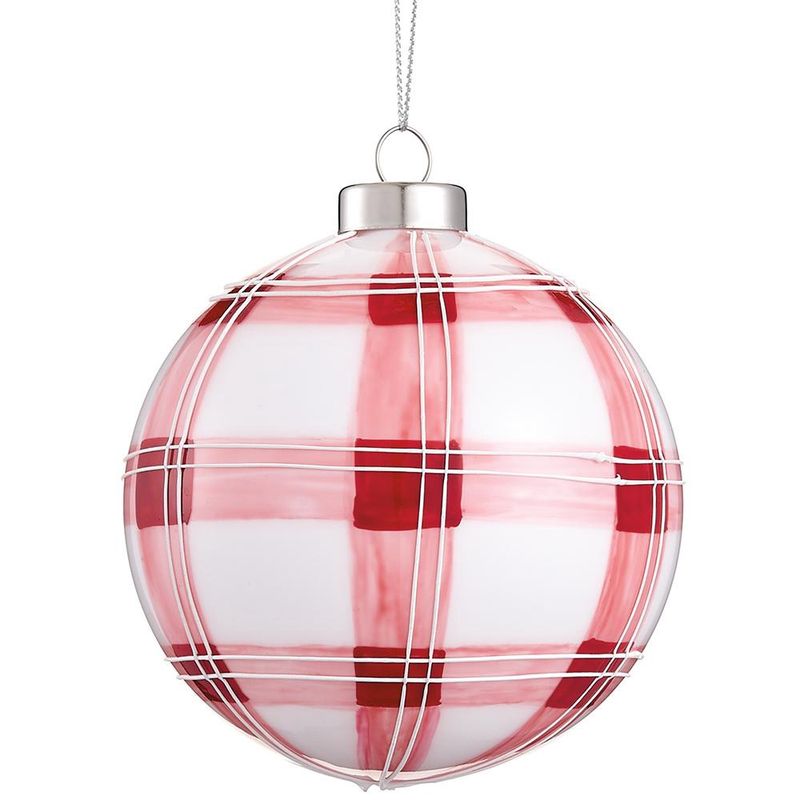 4" Red &amp; White Glass Plaid Ornament Set of 4