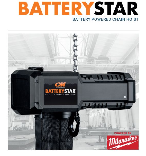 CM BATTERYSTAR 1 TON CHAIN HOIST W/ BATTERY & CHARGER SWIVEL LATCH  TYPE