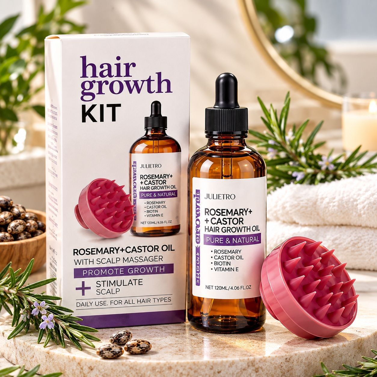 JULIETRO Hair Growth Kit Rosemary + Castor Oil with Scalp Massager 305g