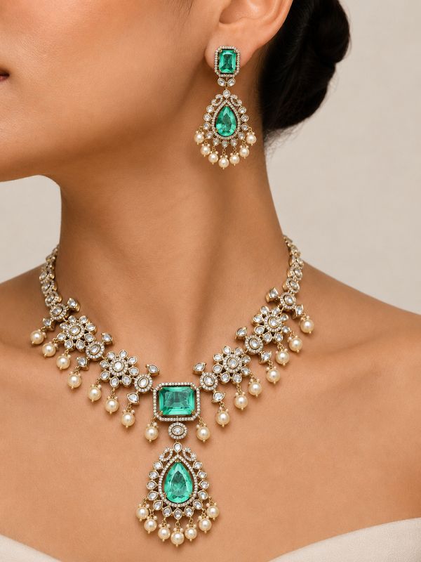 Mint Kundan &amp; Pearl Necklace Set