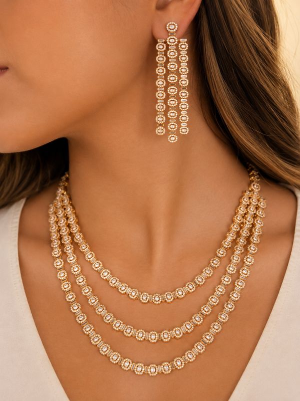 Mehreen Gold American Diamond Layered Necklace Set