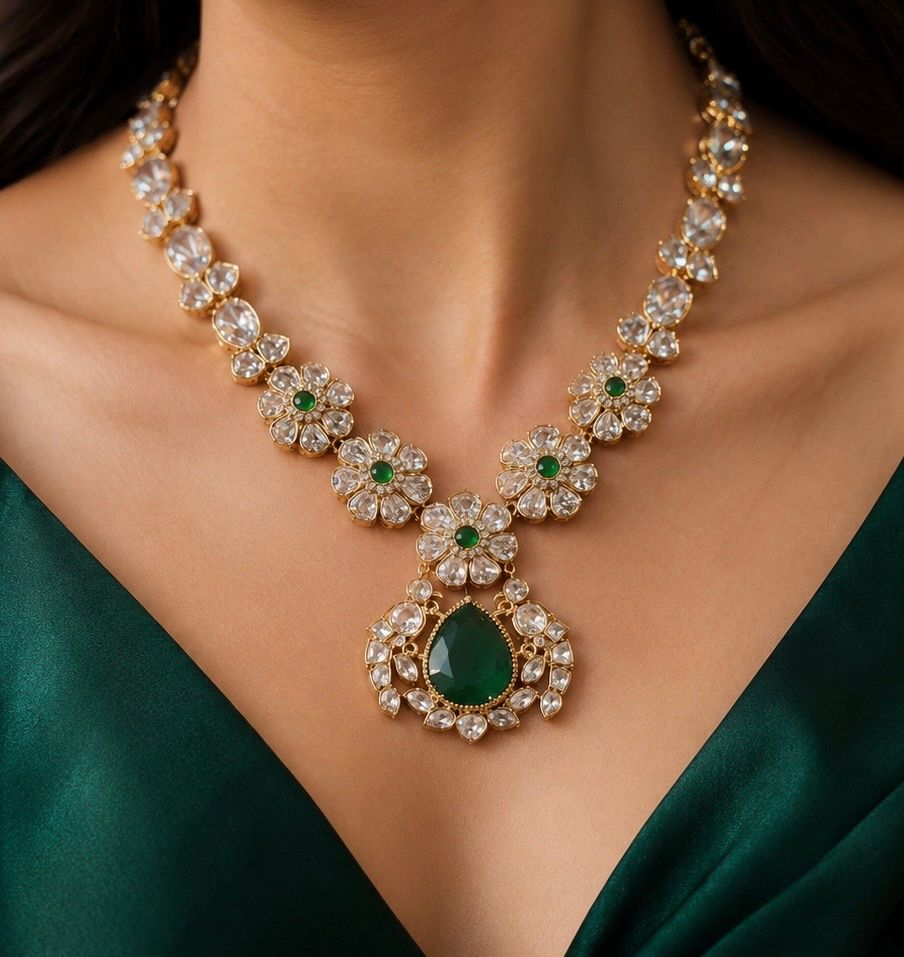 Floral Kundan Set, Colour: Green