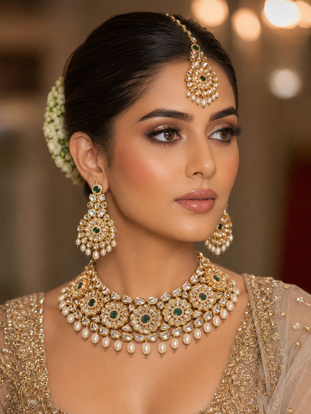 Ruhani Kundan Pearl Necklace Set, Colour: Green