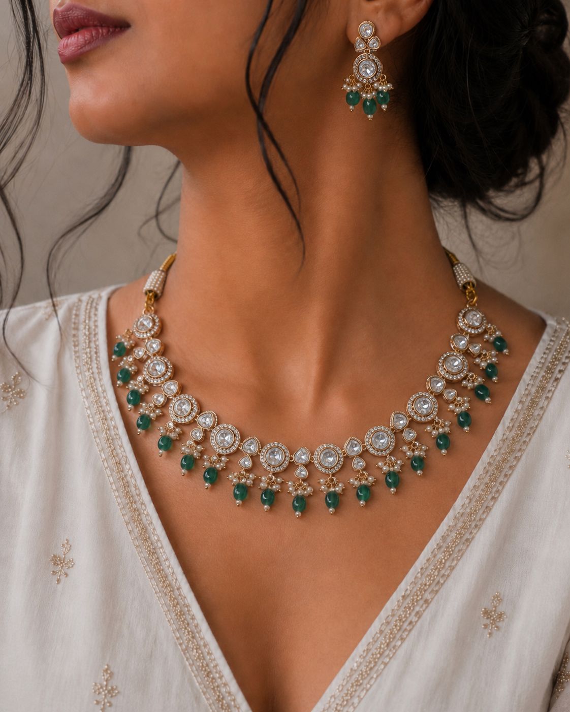 Zarina Emerald Polki Necklace Set