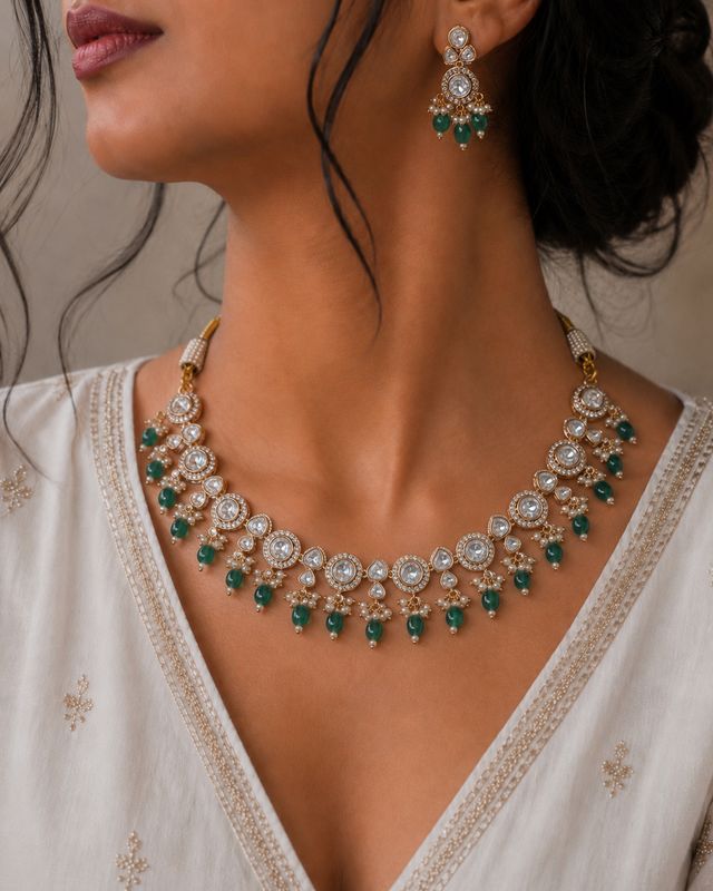 Zarina Emerald Polki Necklace Set