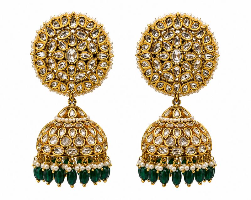 Zivara Emerald Jhumki Kundan Earrings