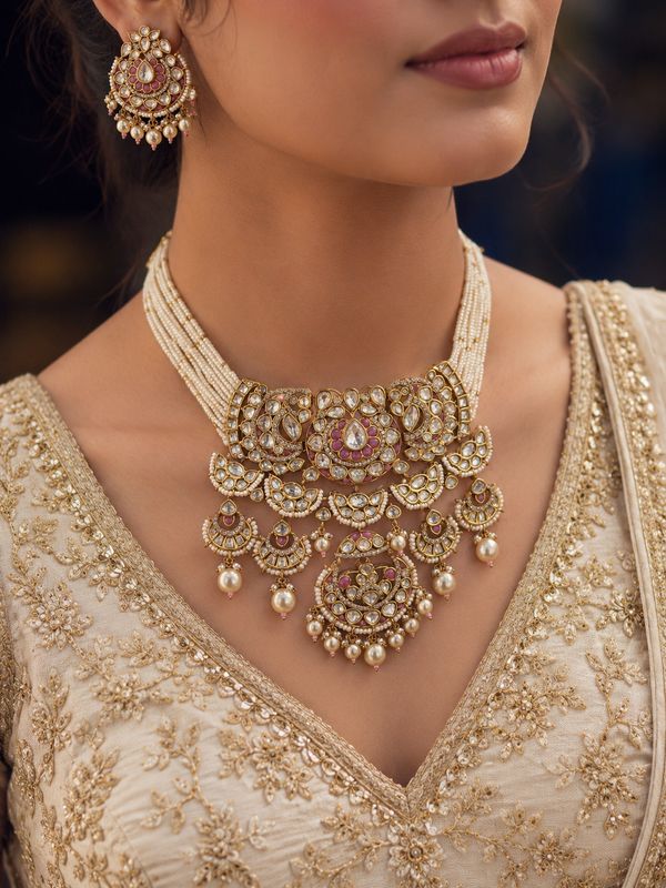 Rosette Pearl Statement Necklace Set
