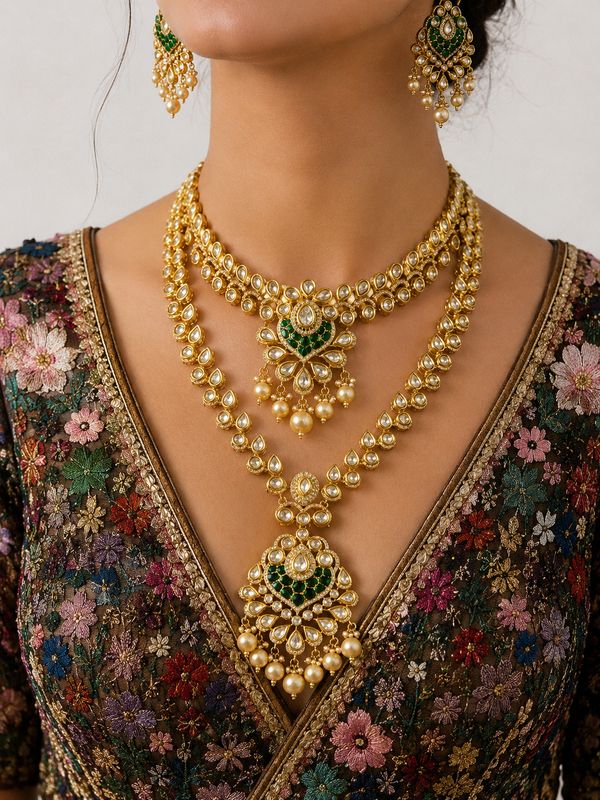 Emerald Pearl Layered Necklace Set