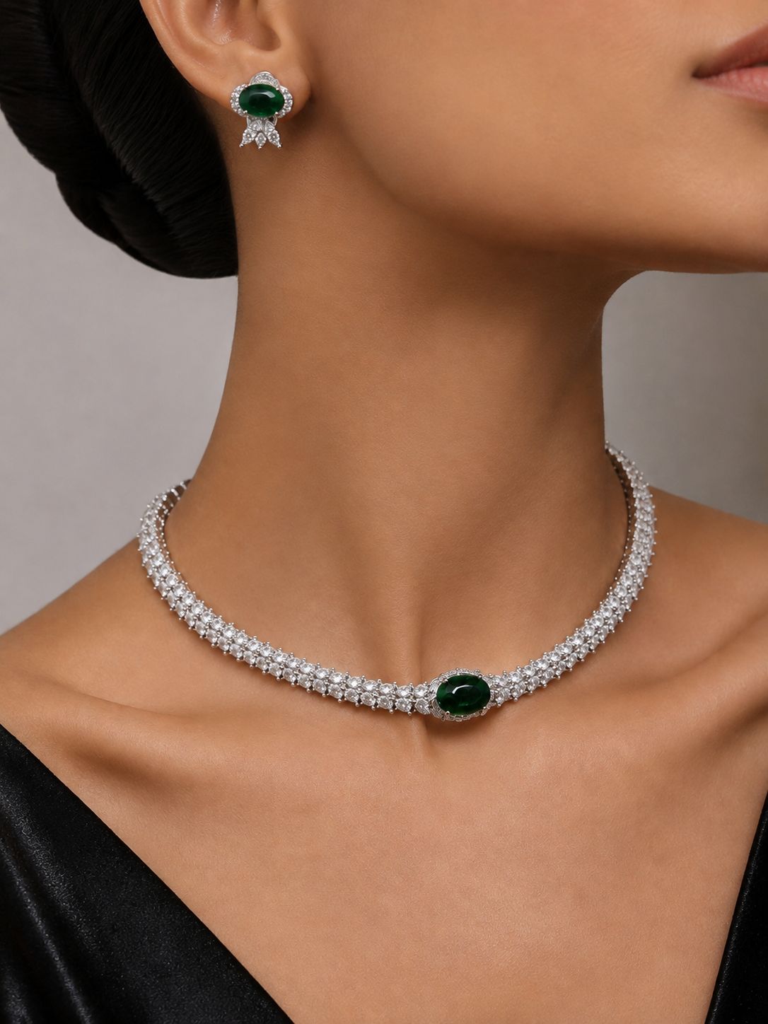 Elara Emerald American Diamond Necklace Set