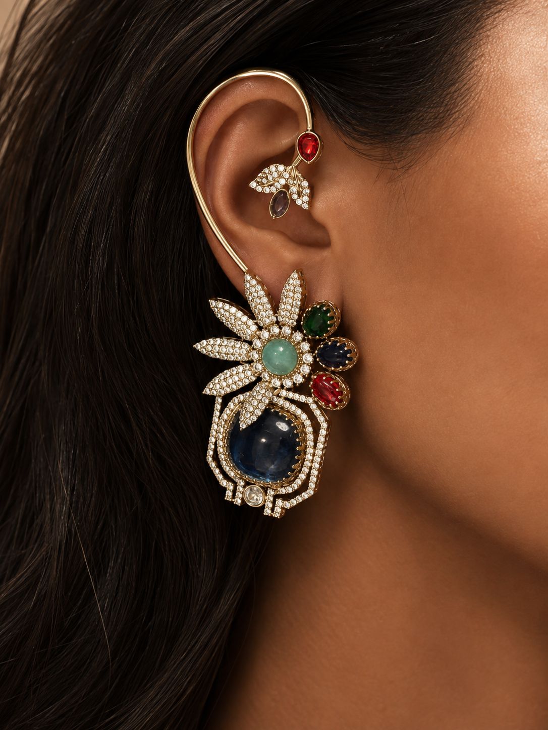 Soleia Navratan Ear Cuffs, Colour: Blue