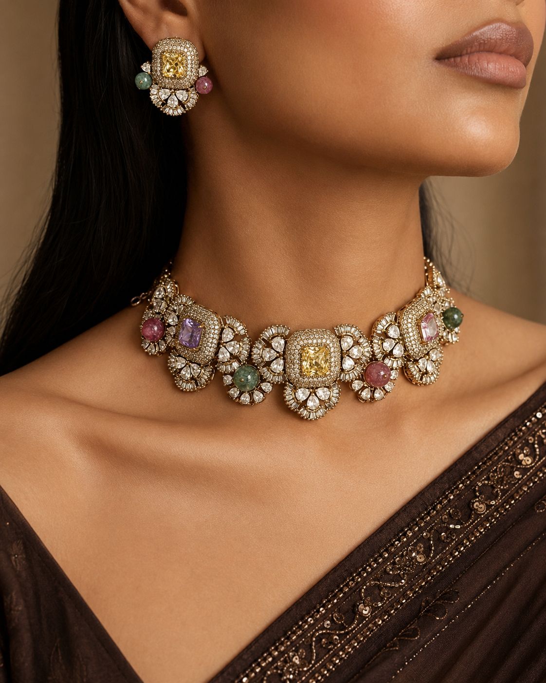Zoya Pastel Navratan Necklace Set