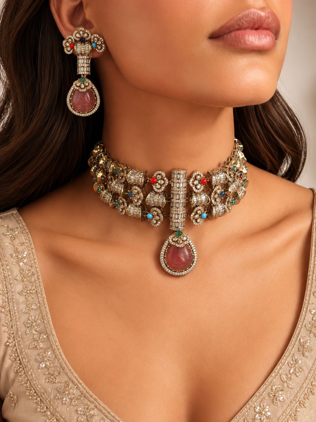 Roshni Navratan Statement Choker Set
