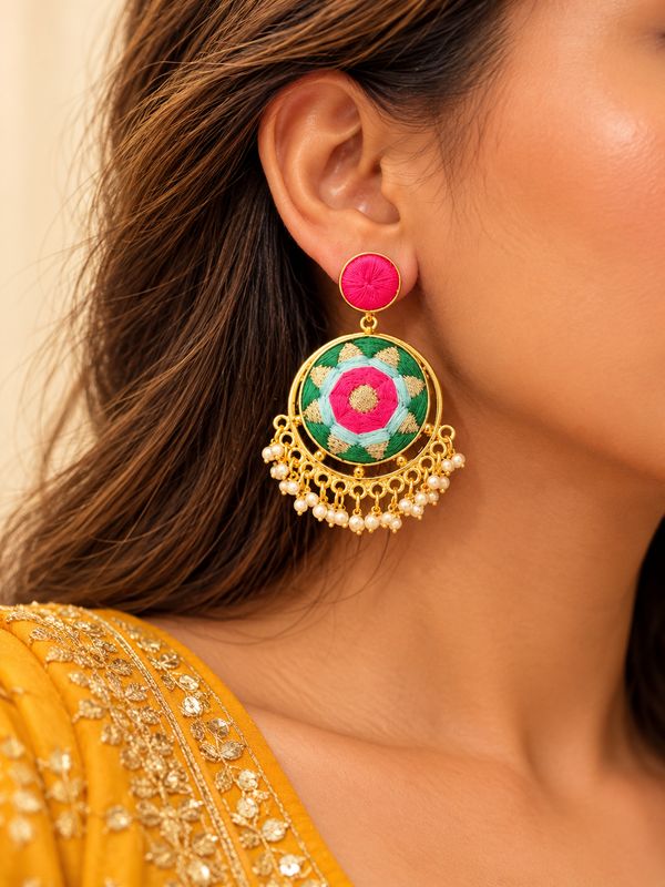 Sia Green Silk Thread Floral Chandbali Earrings