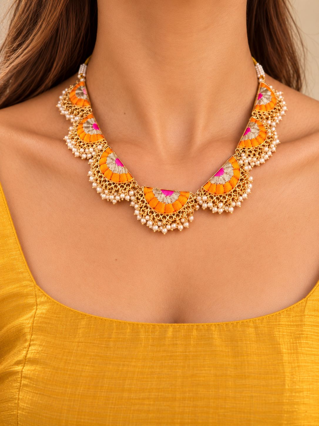 Riya Pink Silk Thread Crescent Necklace