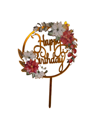 Acrylic Cake Topper Happy Birthday White-Pink Flowers