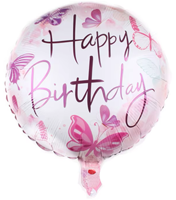 Pink Butterfly Happy Birthday Foil Balloon Helium Filled, 18"