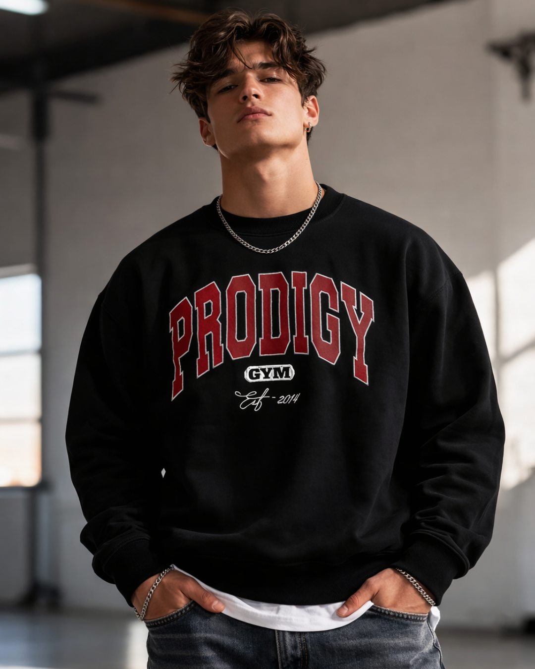 Oversized Black Crewneck, Red Embroider