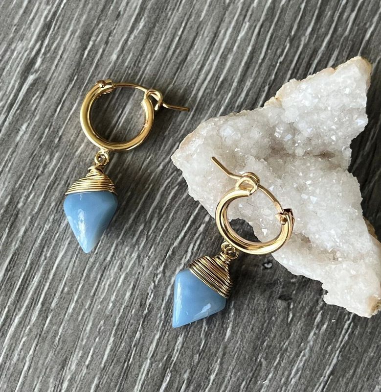 E845GF-BO 14K Gold Fill Blue Opal Huggies