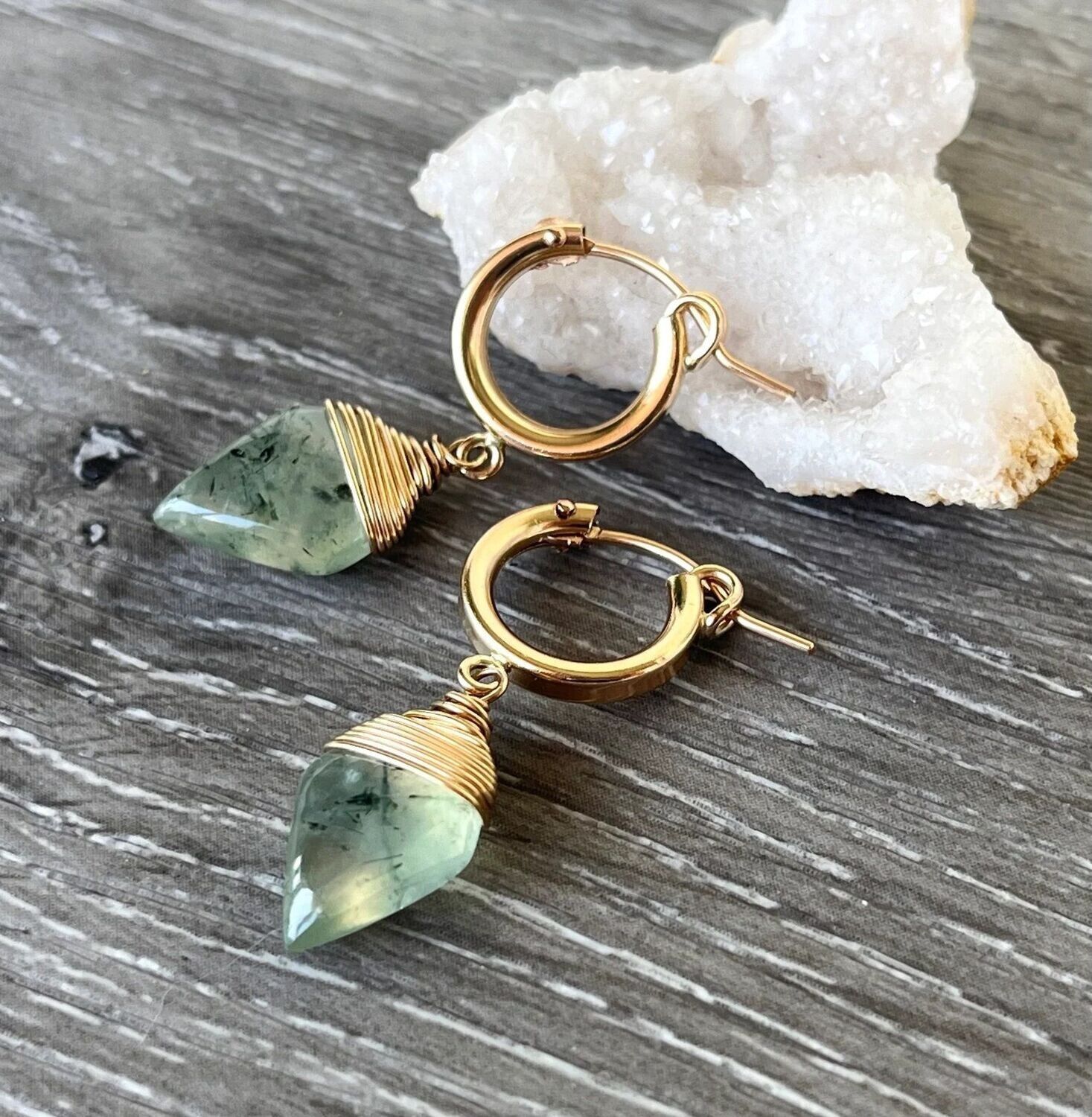 14K Gold Fill Prehnite Huggies