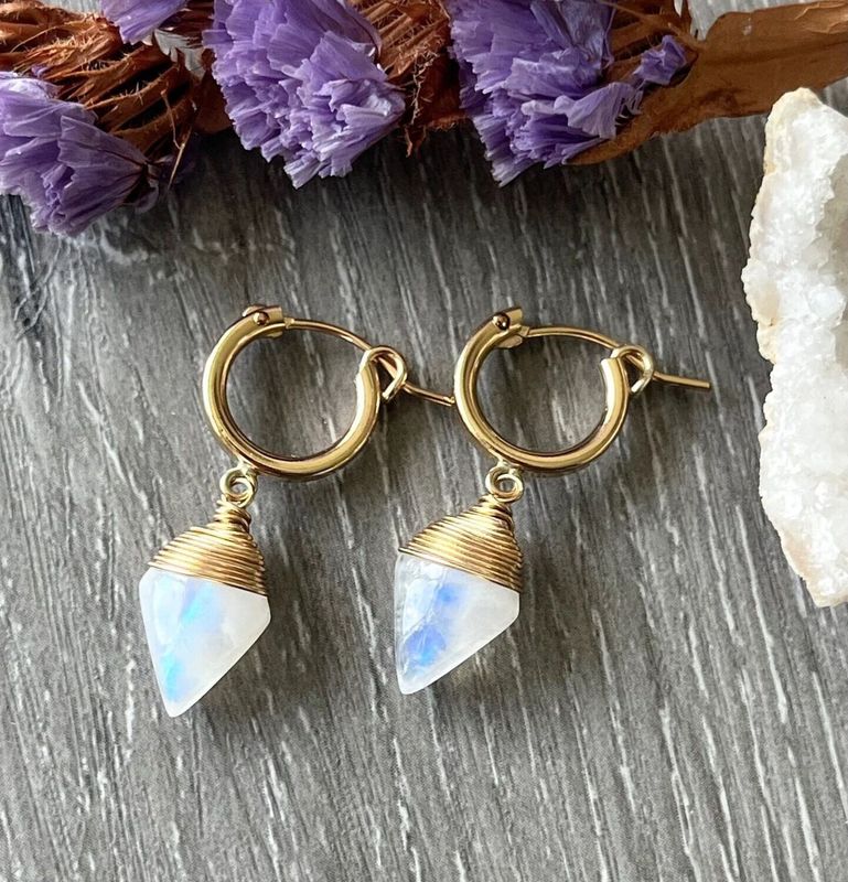 14K Gold Fill Rainbow Moonstone Huggies