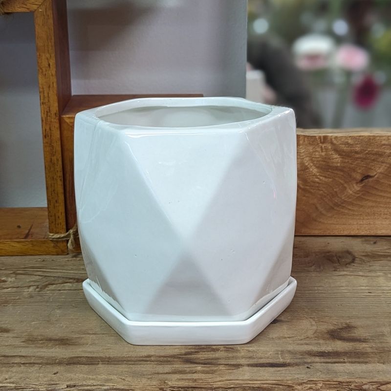 5&quot; White Hexagon Pot With Saucer