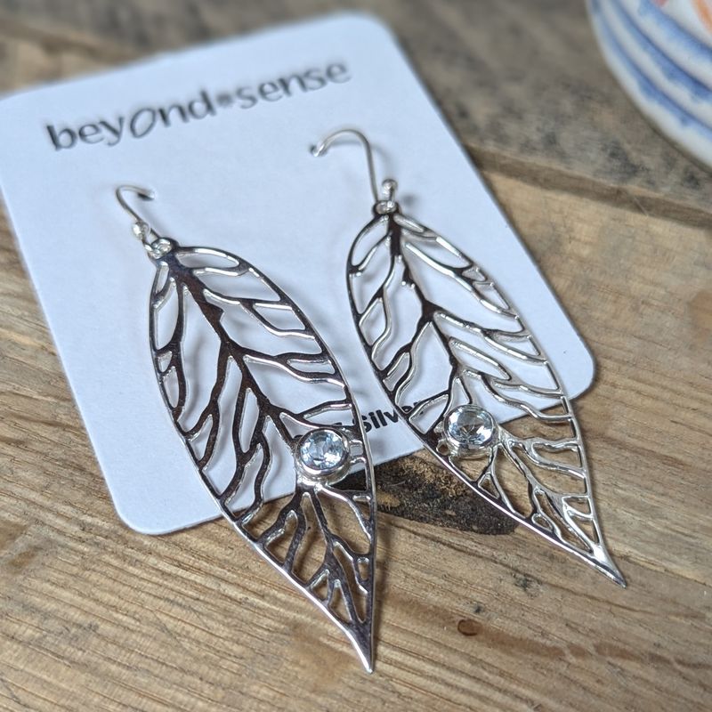 Earrings Blue Topaz &quot;  long leaf small stone&quot;