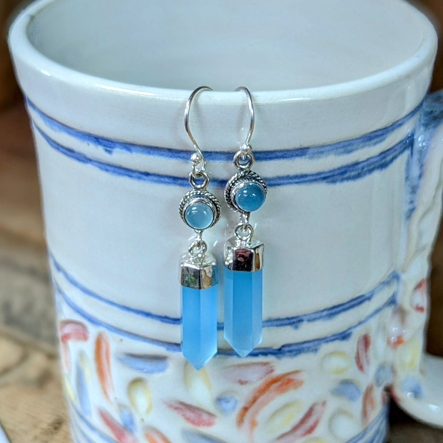 Earrings Blue Onyx &quot; rond stone and point stone&quot;