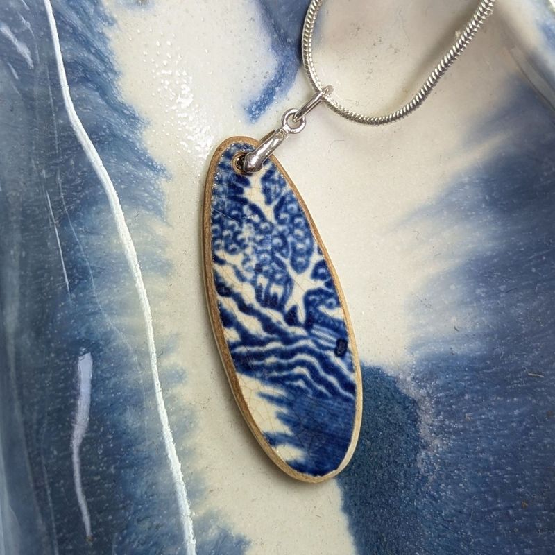 Sterling Silver Blue Scenery Broken China Necklace