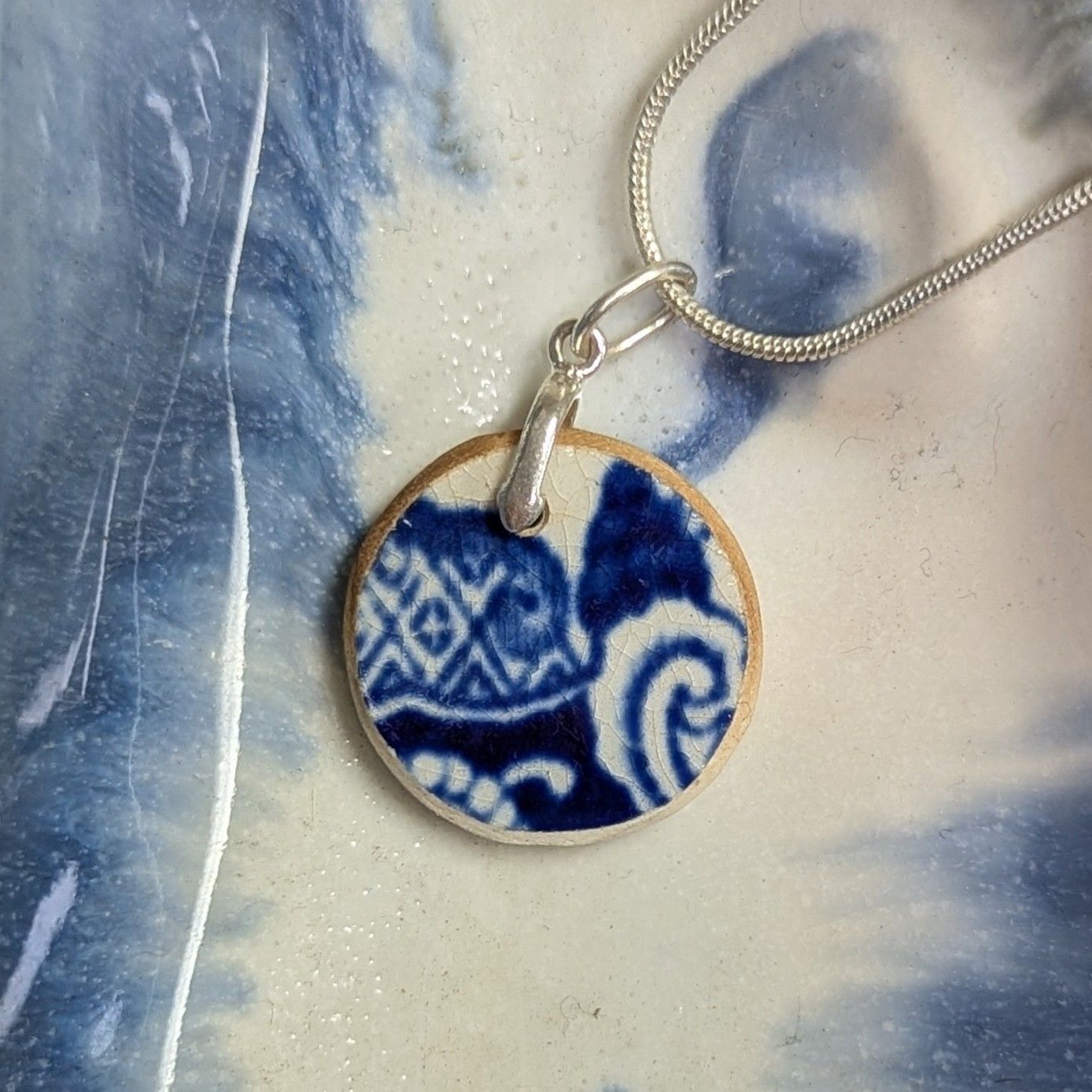 Sterling Silver Blue Pattern Broken China Necklace